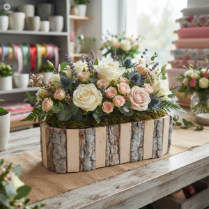 Owalna drewniana osłonka z korą 35 cm wypełniona elegancką kompozycją z białych i pudroworóżowych róż oraz ostrożeń na stole w pracowni florystycznej.