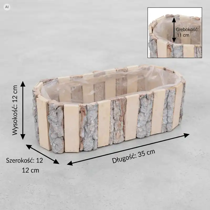 Owalna drewniana osłonka z korą 35 cm prezentująca wymiary na szarym tle z infografiką głębokości