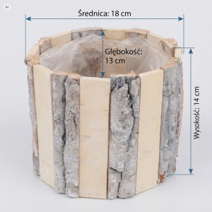 Okrągła naturalna osłonka z kory i drewna 18 cm z naniesionymi wymiarami wysokości, średnicy i głębokości na jasnym tle