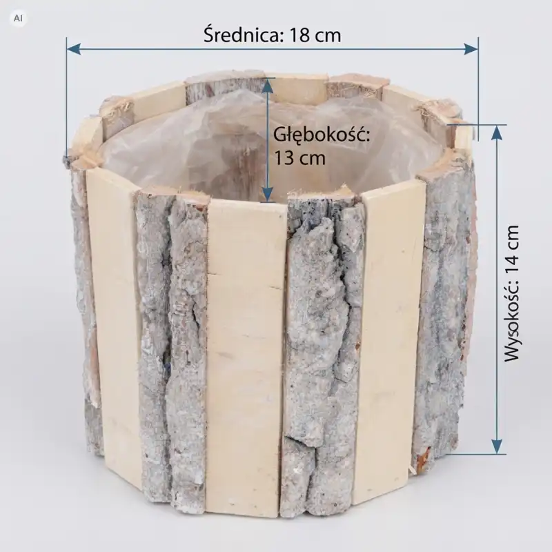 Okrągła naturalna osłonka z kory i drewna 18 cm z naniesionymi wymiarami wysokości, średnicy i głębokości na jasnym tle