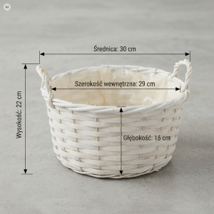 Biała okrągła osłonka wiklinowa L 30 cm prezentująca wymiary techniczne na szarym tle.