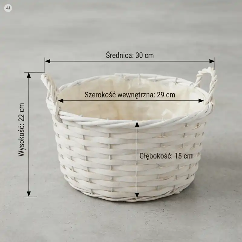 Biała okrągła osłonka wiklinowa L 30 cm prezentująca wymiary techniczne na szarym tle.
