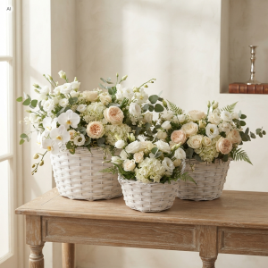 Białe okrągłe osłonki wiklinowe 3 szt: L 30 cm, M 27 cm i S 22 cm z eleganckimi różami i orchideami na komodzie w salonie