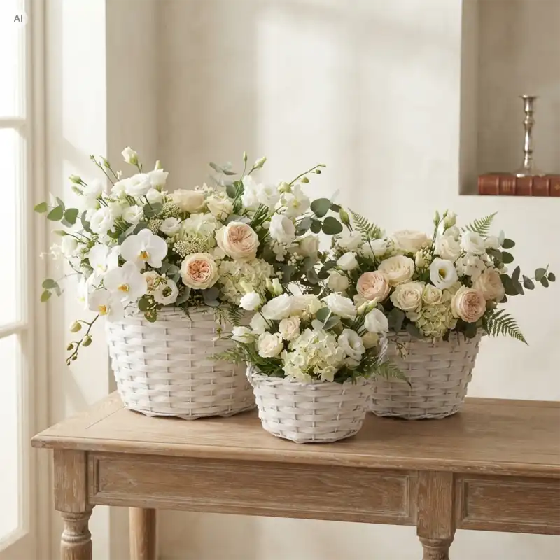 Białe okrągłe osłonki wiklinowe 3 szt: L 30 cm, M 27 cm i S 22 cm z eleganckimi różami i orchideami na komodzie w salonie