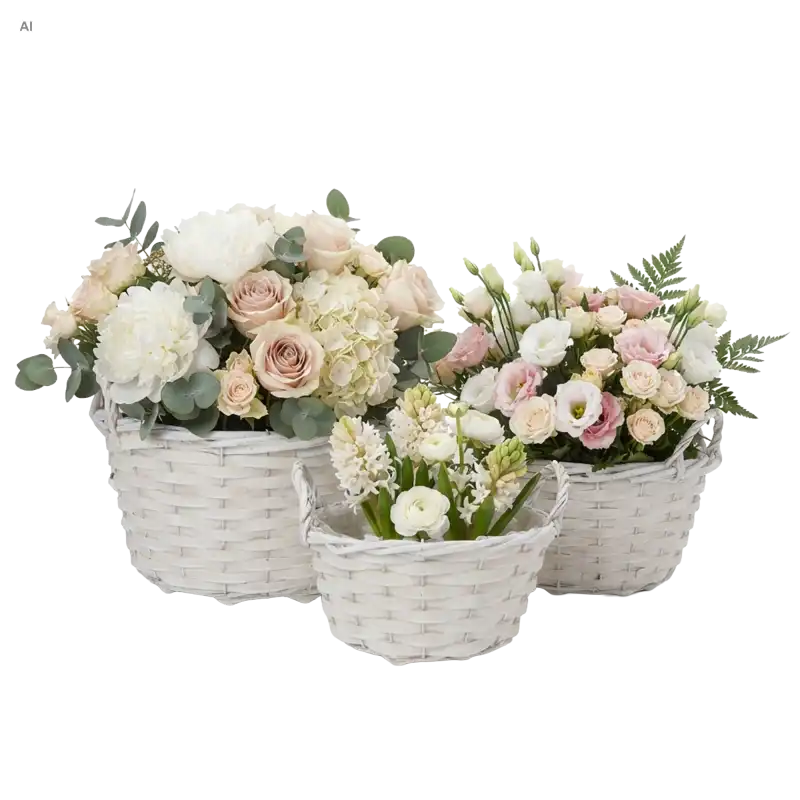 Białe okrągłe osłonki wiklinowe 3 szt: L 30 cm, M 27 cm i S 22 cm wypełnione hiacyntami, różami i peoniami na białym tle