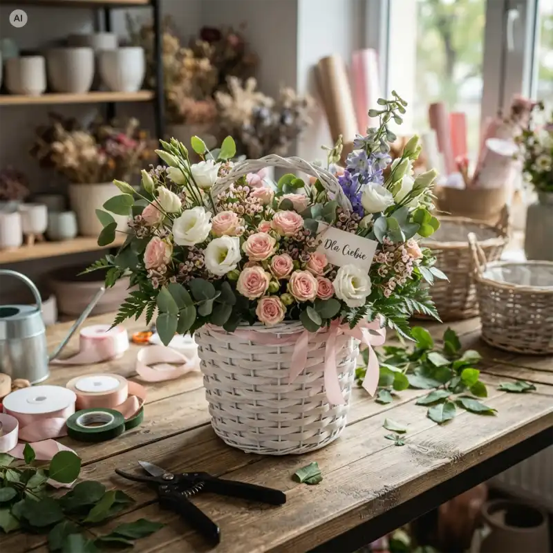 Biała wiklinowa osłonka na doniczkę M 25 cm wypełniona bogatym bukietem kwiatów i bilecikiem na stole florystycznym w pracowni
