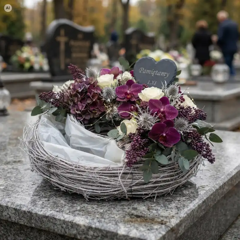 Biały, drewniany wianek 40 cm na nagrobku jako bogata kompozycja florystyczna z fioletowymi storczykami i sercem z napisem