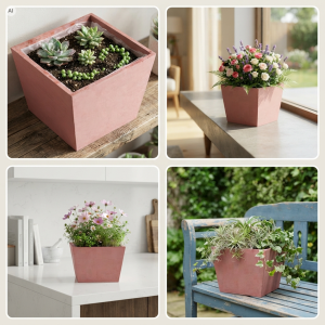 Kolaż z czterema aranżacjami: różowa drewniana skrzynka na kwiaty z sukulentami, kompozycją róż, kwiatami polnymi na blacie i roślinami na ławce.