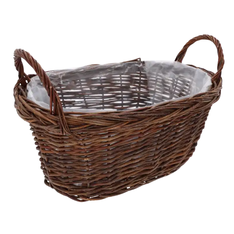Widok z góry na pusta, brązowa, owalna osłona wiklinowa z folią i uszami L 27 cm