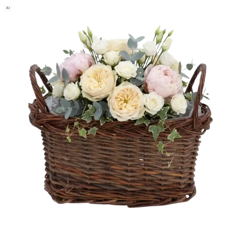 Brązowa owalna osłonka wiklinowa L 27 cm z folią, wypełniona pastelowymi różami, peoniami i gałązkami eukaliptusa na białym tle.