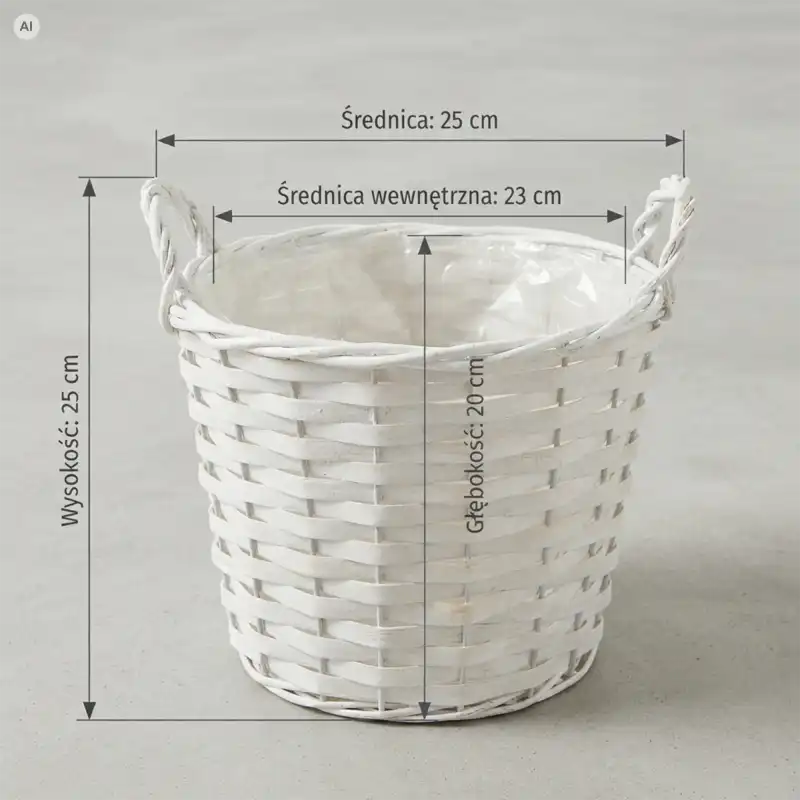 Biała wiklinowa osłonka na doniczkę L 25 cm z widocznymi wymiarami wysokości, średnicy i głębokości na szarym tle