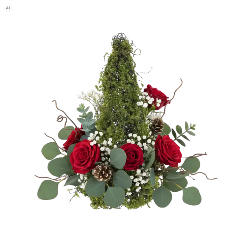 Zielony stożek z mchu 32x14 cm na białym tle, bogato udekorowany czerwonymi różami, gałązkami eukaliptusa, szyszkami i gipsówką.