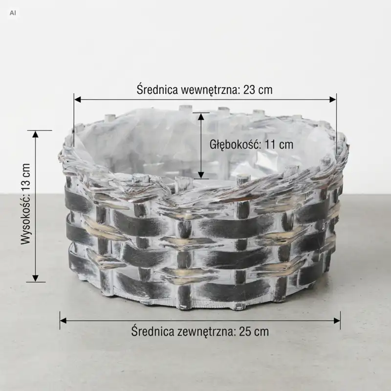 Ciemna okrągła osłonka na kwiaty L 25 cm z drewna przedstawiona na schemacie technicznym z wymiarami