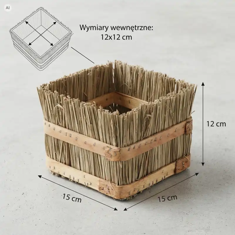 Infografika przedstawiająca kwadratową osłonkę z trawy M 12 cm z drewna i trawy z zaznaczonymi wymiarami zewnętrznymi i wewnętrznymi