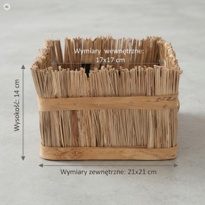 Infografika przedstawiająca wymiary drewnianej i trawa osłonki L 14 cm z oznaczeniami szerokości i wysokości na szarym tle