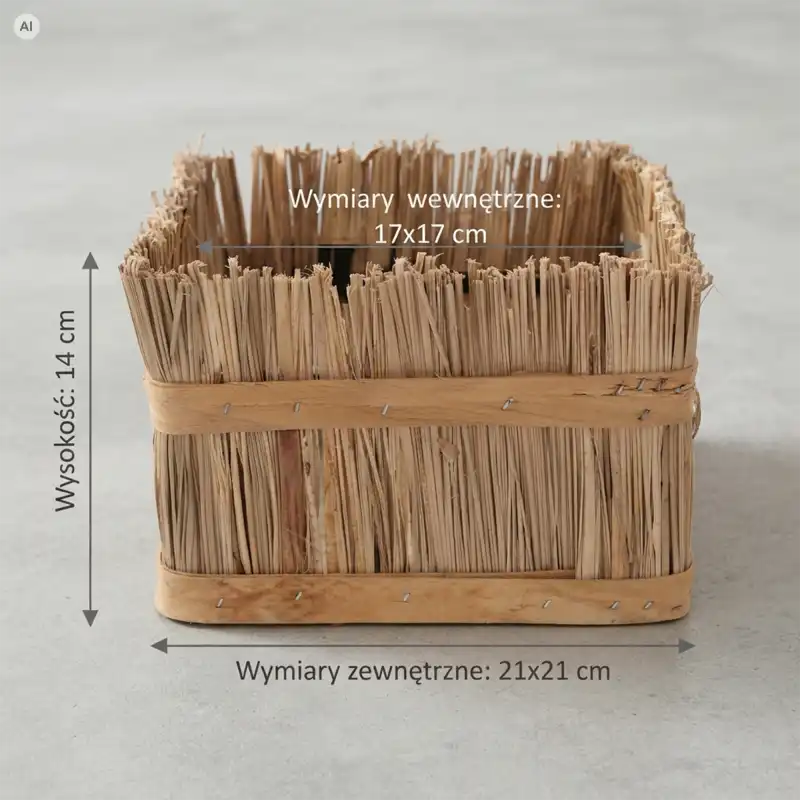 Infografika przedstawiająca wymiary drewnianej i trawa osłonki L 14 cm z oznaczeniami szerokości i wysokości na szarym tle