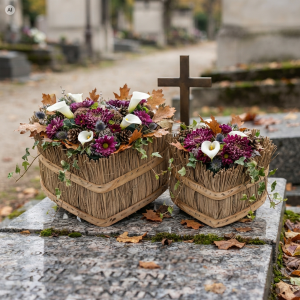 Zestaw dwóch osłonek z trawy i drewna w kształcie serca w rozmiarach L 15 cm oraz M 13 cm ustawionych na nagrobku z jesienną kompozycją kwiatową.