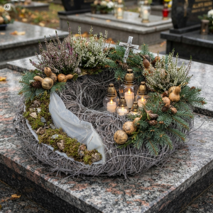Drewniany wianek o średnicy 40 cm w formie kompozycji nagrobnej z wrzosami, gałązkami świerku i zniczami na nagrobku