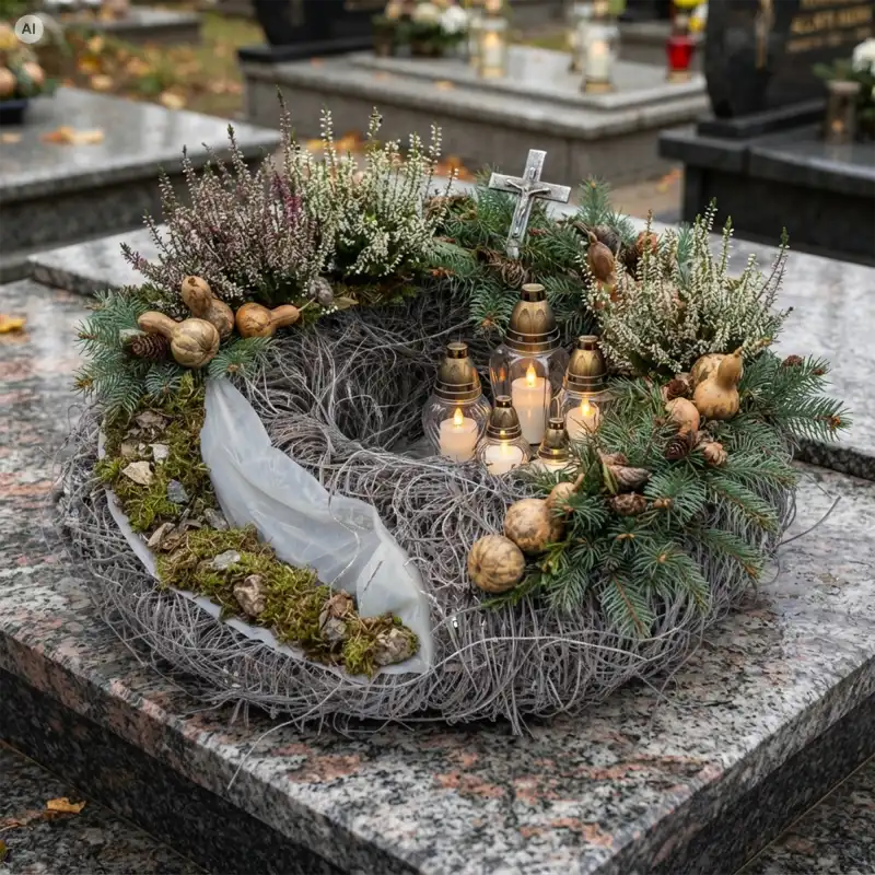 Drewniany wianek o średnicy 40 cm w formie kompozycji nagrobnej z wrzosami, gałązkami świerku i zniczami na nagrobku