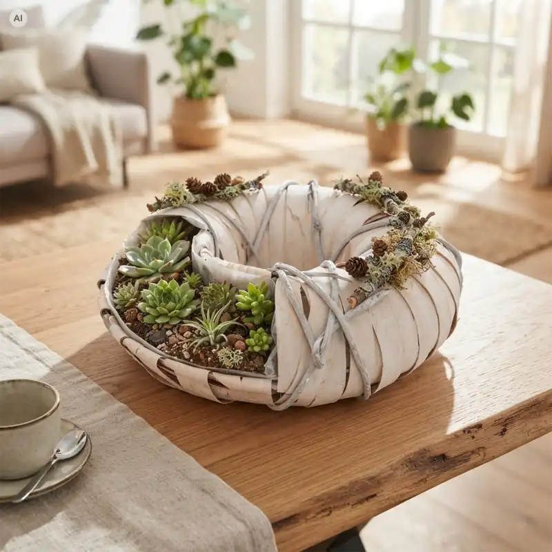 Biały drewniany wianek dekoracyjny 38 cm jako osłonka z roślinami na stoliku w salonie z widokiem na okno.