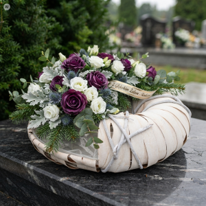 Biały drewniany wianek dekoracyjny 38 cm wykorzystany jako stroik nagrobny z fioletowymi różami, białymi kwiatami i wstążką kondolencyjną.