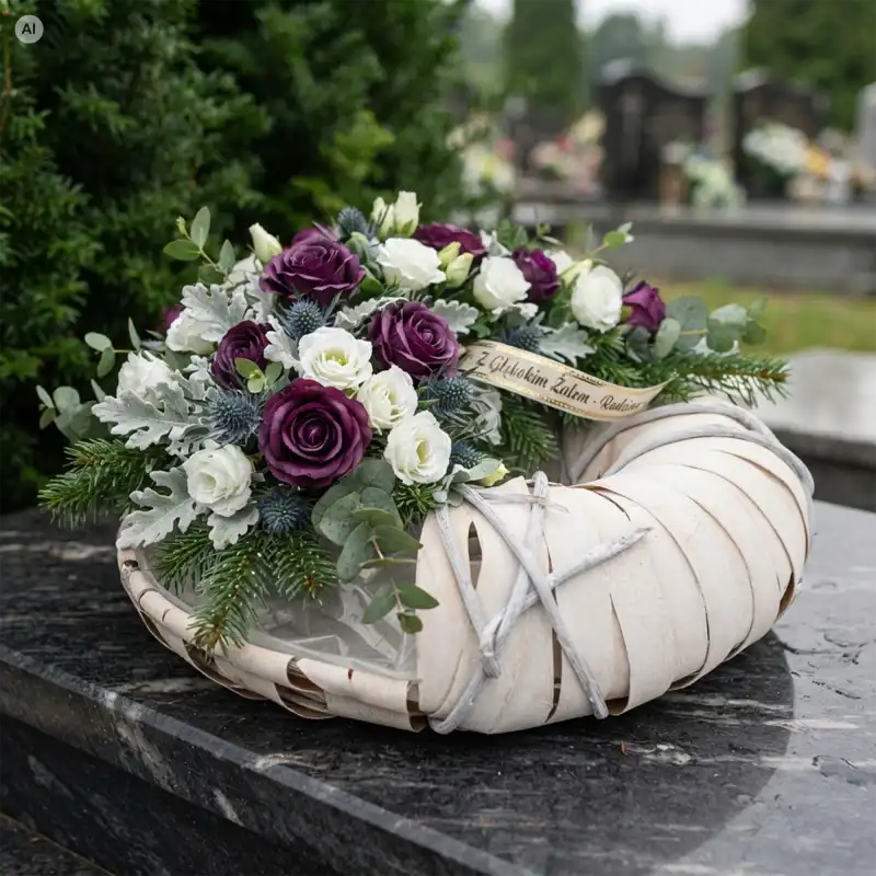 Biały drewniany wianek dekoracyjny 38 cm wykorzystany jako stroik nagrobny z fioletowymi różami, białymi kwiatami i wstążką kondolencyjną.