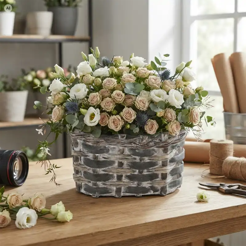 Szara owalna osłonka drewniana 20 cm wypełniona bogatym bukietem kwiatów na drewnianym stole w pracowni florystycznej