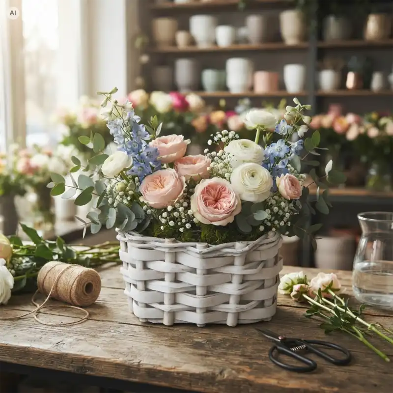 Biała owalna osłonka 20 cm z drewna wypełniona kwiatami i ziołami, ustawiona na drewnianym stole w pracowni florystycznej.