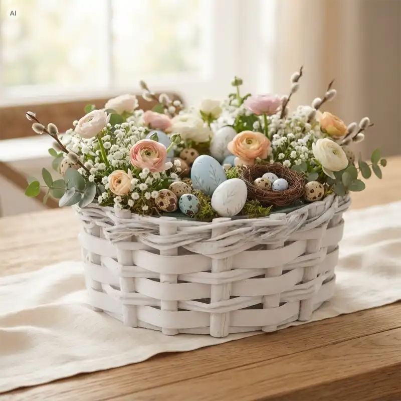 Biała okrągła osłonka pleciona 22 cm M wypełniona wielkanocnym stroikiem z pastelowymi kwiatami, baziami i pisankami na drewnianym stole.