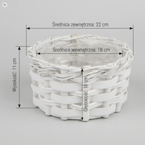 Biała okrągła osłonka pleciona 22 cm M z wymiarami wysokości, średnicy i głębokości.