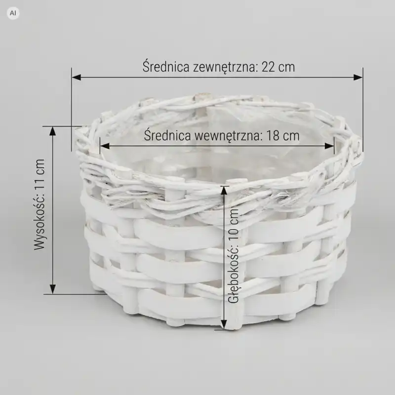 Biała okrągła osłonka pleciona 22 cm M z wymiarami wysokości, średnicy i głębokości.