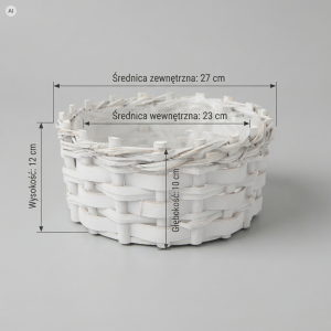 Biała okrągła osłonka pleciona L 27 cm przedstawiona na technicznym rysunku z wymiarami wysokości 12 cm i głębokości 10 cm.