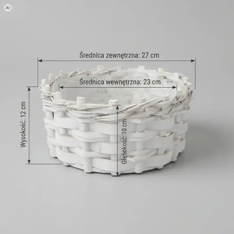 Biała okrągła osłonka pleciona L 27 cm przedstawiona na technicznym rysunku z wymiarami wysokości 12 cm i głębokości 10 cm.
