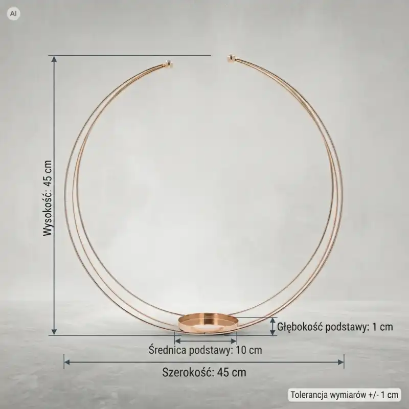 Infografika przedstawiająca złoty metalowy stojak na kompozycje 45 cm z zaznaczonymi wymiarami: wysokością, szerokością i podstawą na jasnym tle