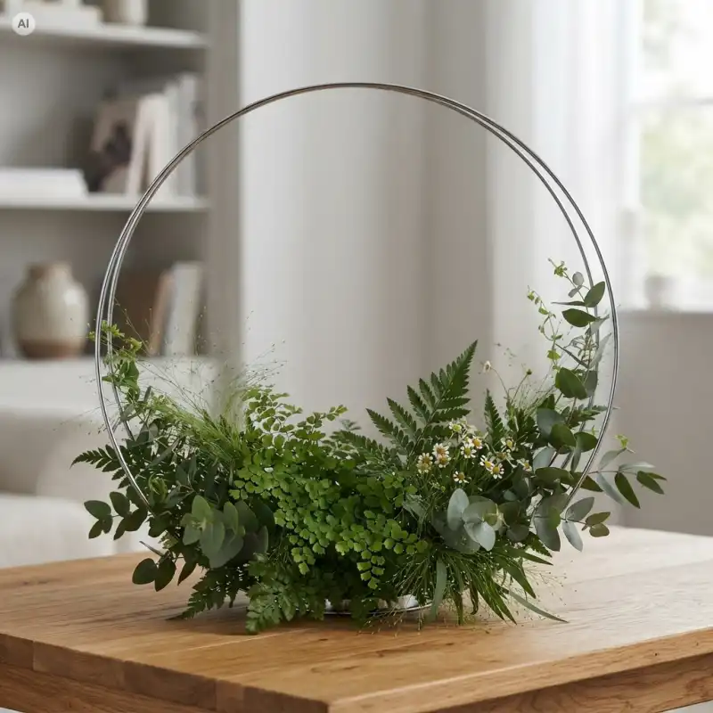 Srebrny metalowy stojak na kompozycje 45 cm z zieloną kompozycją florystyczną na drewnianym stole
