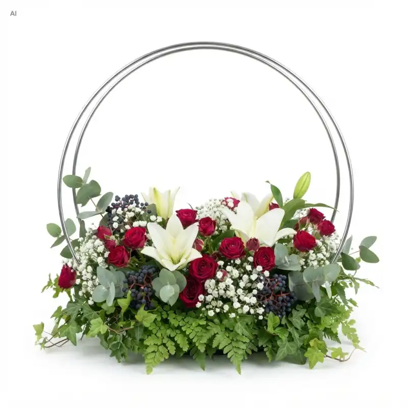 Srebrny metalowy stojak na kompozycje 45 cm z dekoracją z białych lilii, czerwonych róż, gipsówki i ciemnych jagód na gładkim jasnym tle