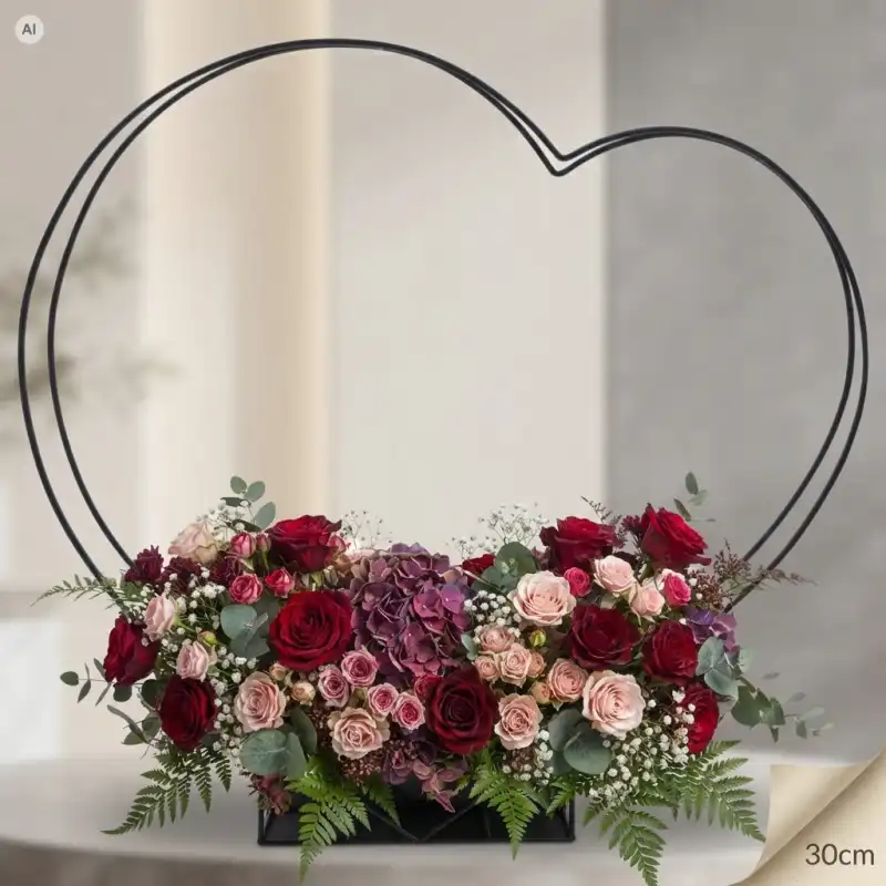 Czarne metalowe serce 45 cm w aranżacji florystycznej z czerwonymi i różowymi różami