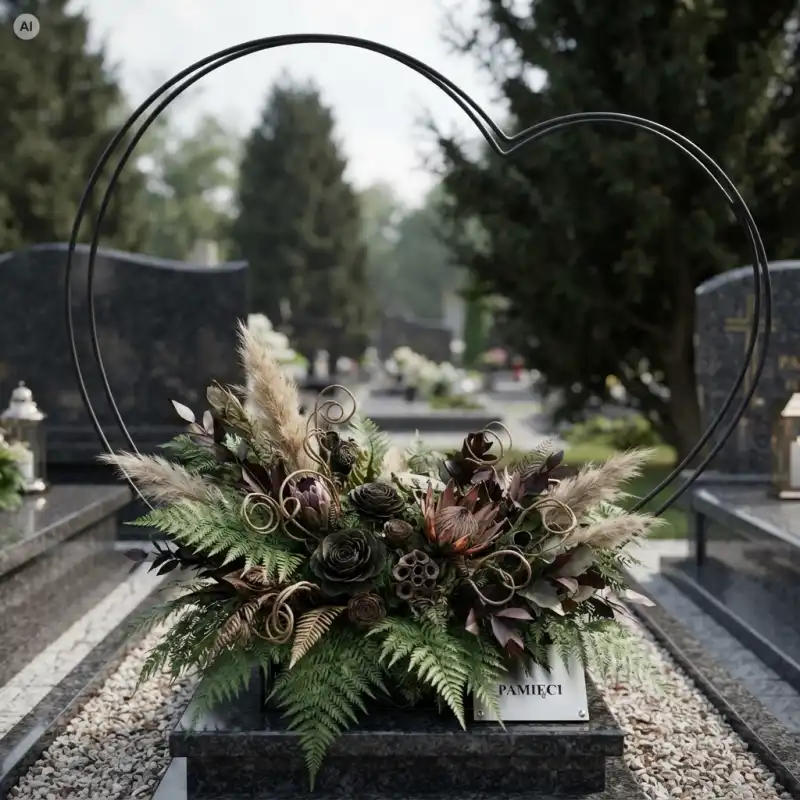 Czarne metalowe serce o szerokości 45 cm prezentowane na nagrobku, wypełnione u dołu kompozycją z paproci, suszonych traw i ciemnych kwiatów z szarfą