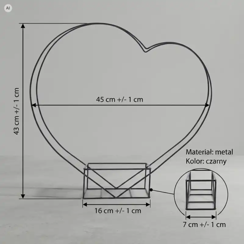 Czarne metalowe serce o szerokości 45 cm i wysokości 43 cm na schematycznym rysunku technicznym z widocznymi wymiarami oraz zbliżeniem na podstawę
