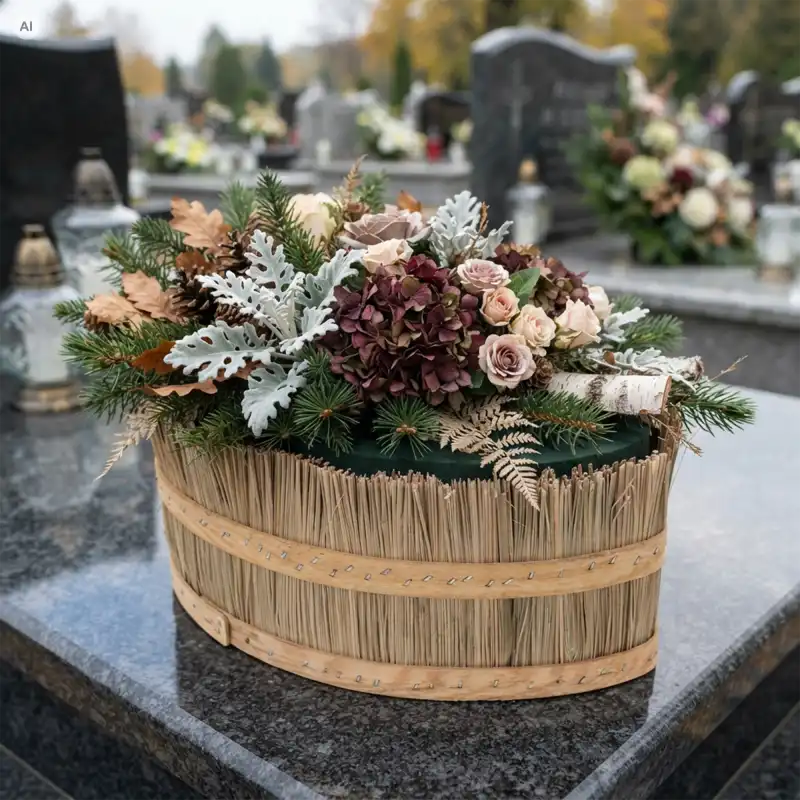 Naturalna osłonka z trawy i drewna M 28 cm wypełniona jesienną kompozycją florystyczną na nagrobku w otoczeniu zniczy