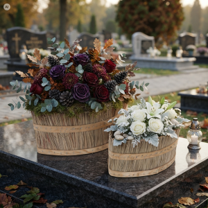 Zestaw dwóch naturalnych osłonek z trawy i drewna L 14 cm i M 12 cm z jesiennymi i białymi kompozycjami kwiatowymi na kamiennym nagrobku.