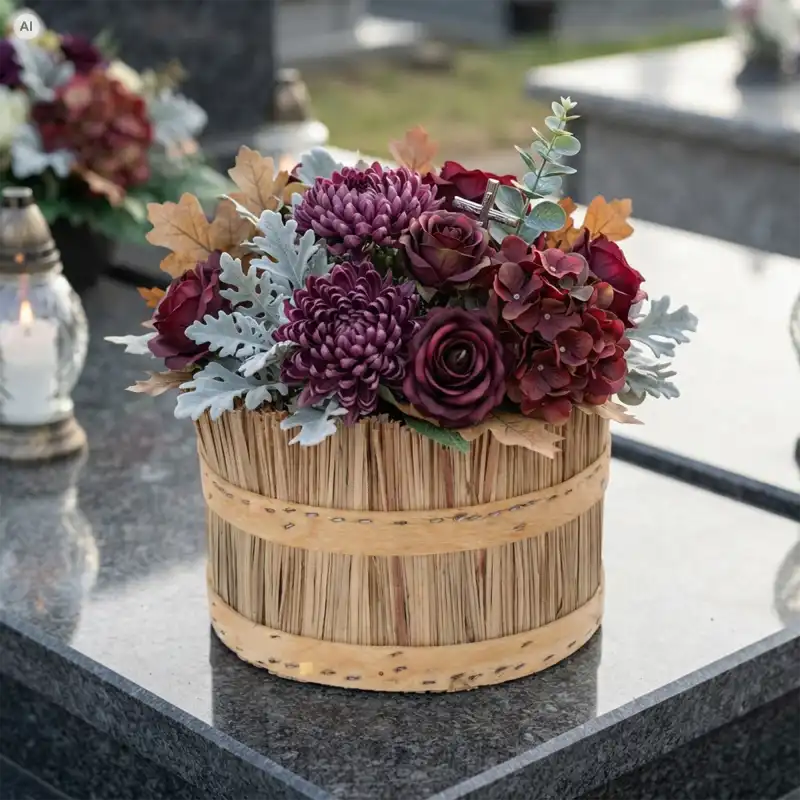 Okrągła osłonka z trawy M 18 cm z drewna z kompozycją bordowych chryzantem i róż na nagrobku.
