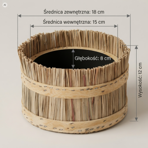 Grafika techniczna przedstawiająca okrągłą osłonkę z trawy M 18 cm z naniesionymi wymiarami wysokości, średnicy i głębokości.