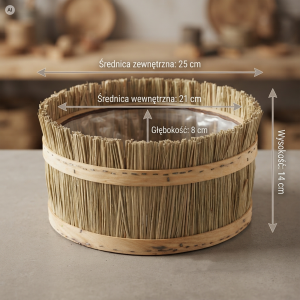 Infografika pokazująca wymiary: okrągła osłonka z trawy L 25 cm ma wysokość 14 cm, średnicę zewnętrzną 25 cm, wewnętrzną 21 cm i głębokość 8 cm.