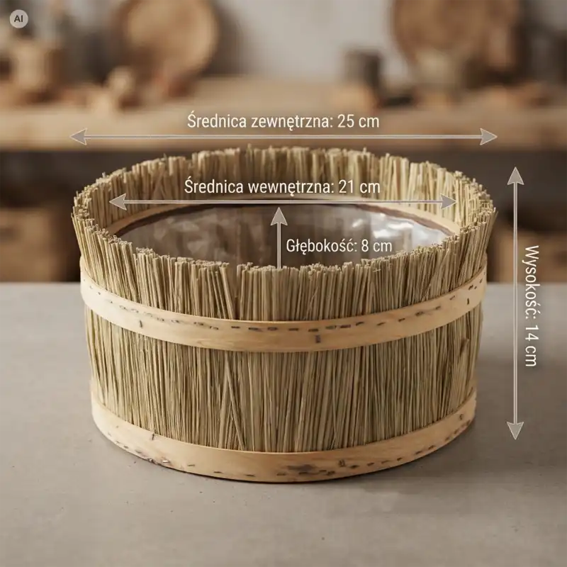 Infografika pokazująca wymiary: okrągła osłonka z trawy L 25 cm ma wysokość 14 cm, średnicę zewnętrzną 25 cm, wewnętrzną 21 cm i głębokość 8 cm.