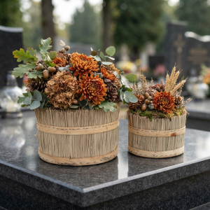 Dwie okrągłe osłonki z trawy i drewna z jesiennymi kompozycjami kwiatowymi na nagrobku: większa L 25 cm i mniejsza M 18 cm w otoczeniu zieleni.
