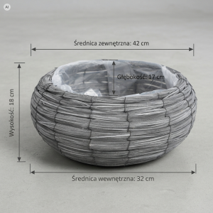 Szara pleciona osłonka na kwiaty L 42 cm prezentująca wymiary techniczne produktu: średnicę zewnętrzną, wewnętrzną, wysokość oraz głębokość.