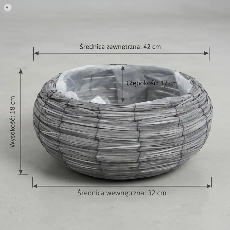 Szara pleciona osłonka na kwiaty L 42 cm prezentująca wymiary techniczne produktu: średnicę zewnętrzną, wewnętrzną, wysokość oraz głębokość.
