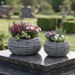 Szare rattanowe osłonki na kwiaty jako dekoracja nagrobka: większa L 42 cm z wrzosami i mniejsza M 30 cm z kwiatami ustawione na kamiennej płycie.