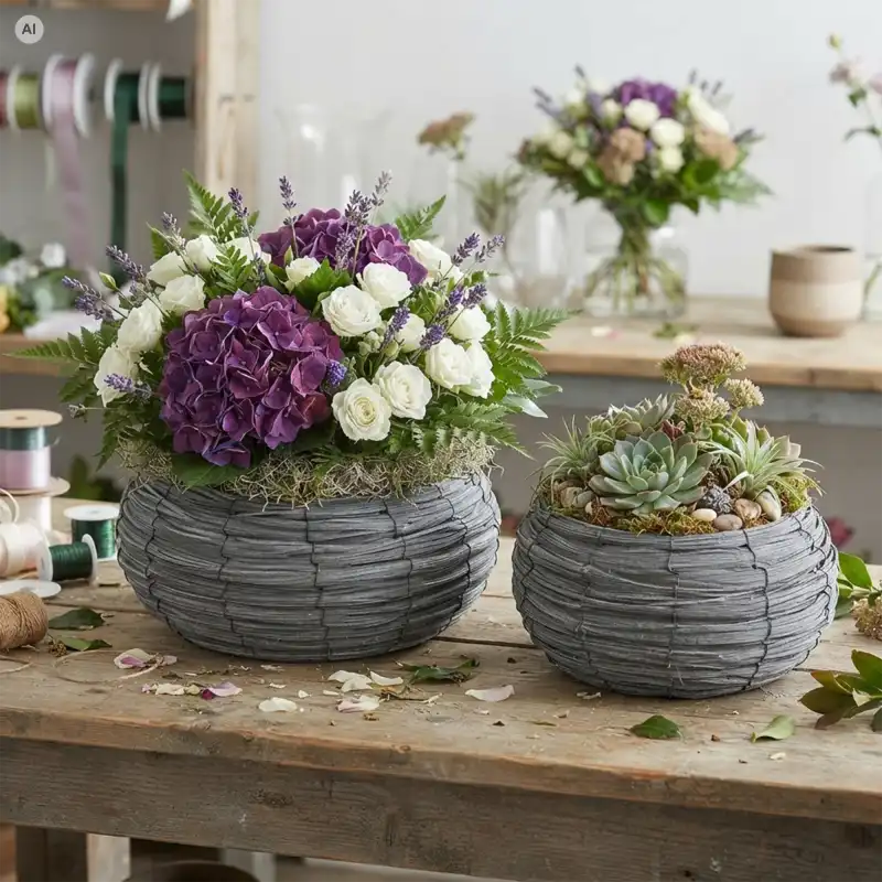 Szare rattanowe osłonki na stół w pracowni florystycznej: większa L 42 cm z hortensjami i mniejsza M 30 cm z sukulentami.